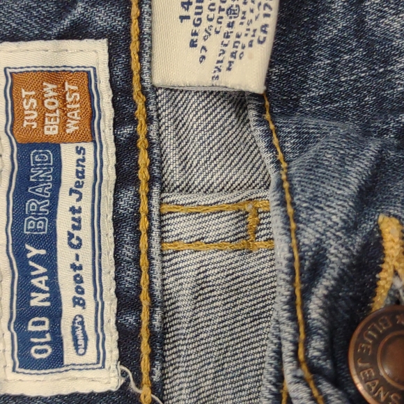 Old Navy Stretch Boot Cut Just Below Waist 5 Pocket Blue Jeans Distressed - Picture 7 of 13